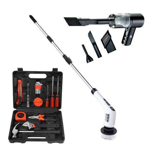 🛠️ Handy Solutions 16-Piece Tool Kit + Cordless Power Scrubber + 2-in-1 Mini Wireless Vacuum & Air Duster Bundle 🌟
